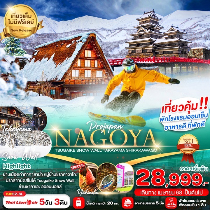 ทัวร์ญี่ปุ่น PRO NAGOYA ทาคายาม่า ชิราคาวาโกะ เที่ยวเต็มไม่มีฟรีเดย์ 5วัน 3คืน (SL)